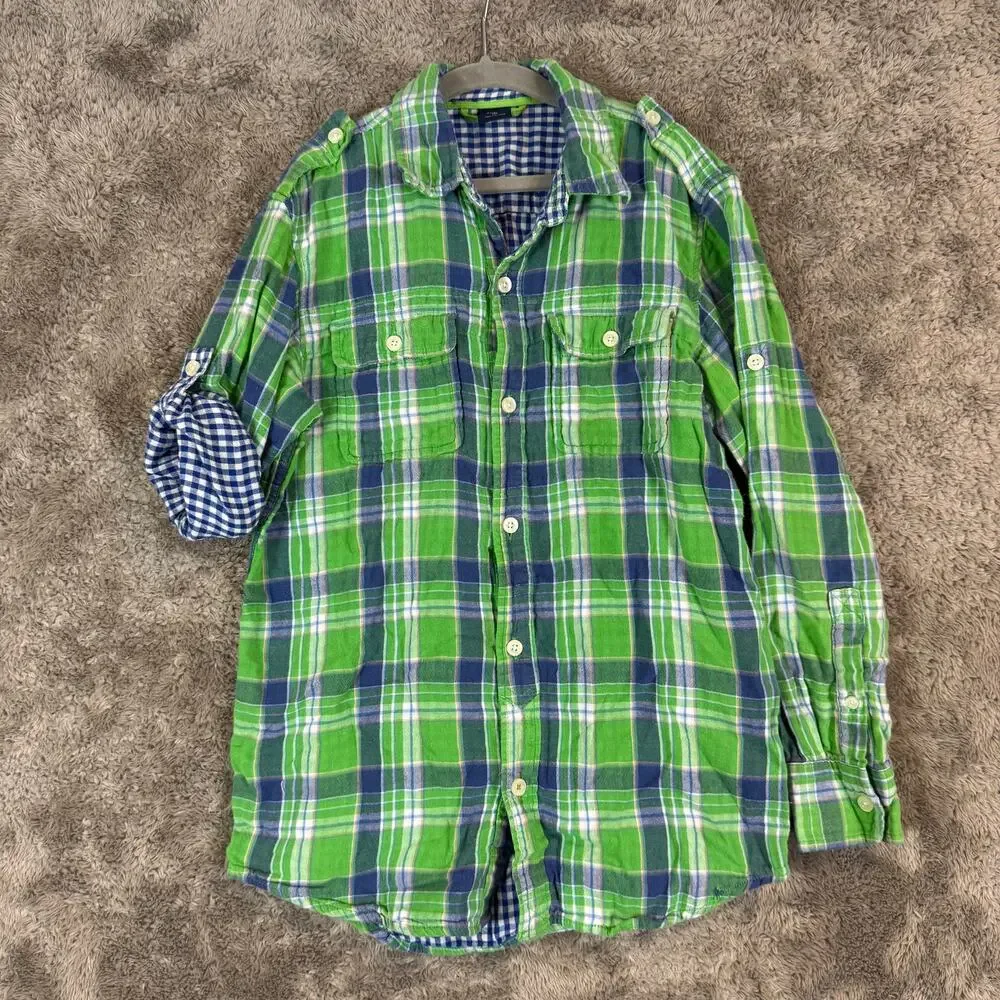 Gap Kids Double Weave Green Plaid button Down Shirt L 10 Boys Convertible